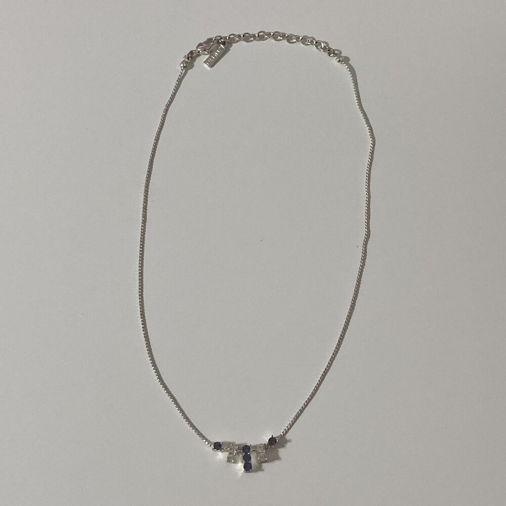 Napier Purple Clear Silver Tone Rhinestone Bar Pendant Thin Chain Necklace